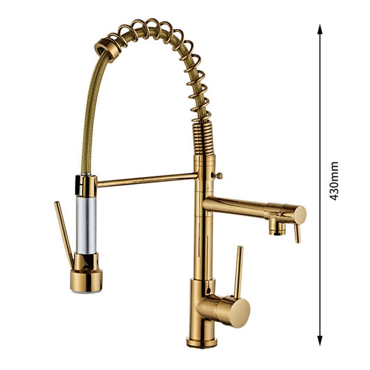 Copper Pull Type Large Spring Double Outlet Kitchen Sink Hot Cold Faucet, Gold