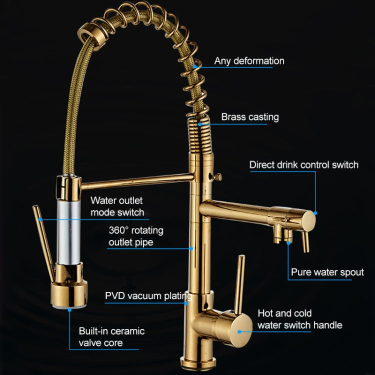 Copper Pull Type Large Spring Double Outlet Kitchen Sink Hot Cold Faucet, Gold
